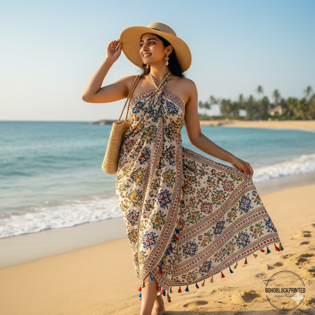 Cotton Beach Sarong – Jaipur Rajasthan Bagru Handblock Printed Summer Essential