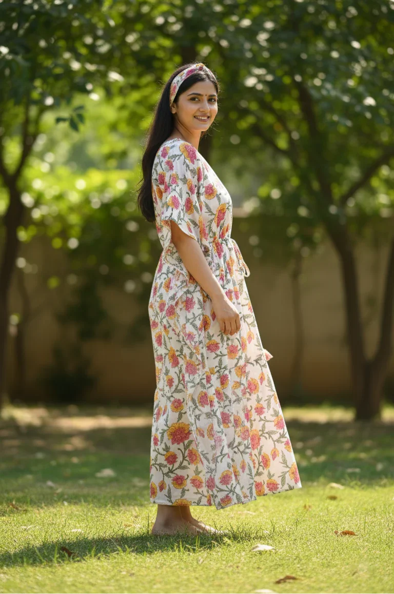 Floral Printed cotton Kaftan - Bohoblockprinted