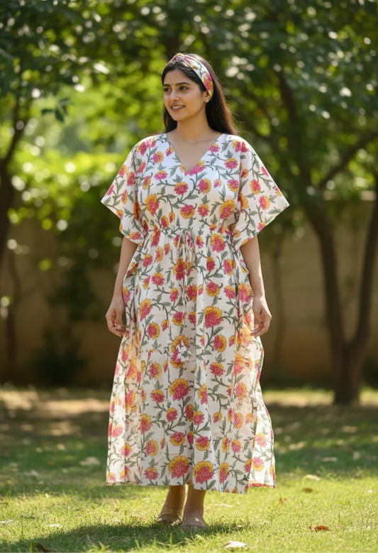 Floral Printed cotton Kaftan - Bohoblockprinted