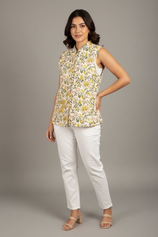 Hand Block Printed Cotton Quilted Jacket - White & Yellow - Bohoblockprinted