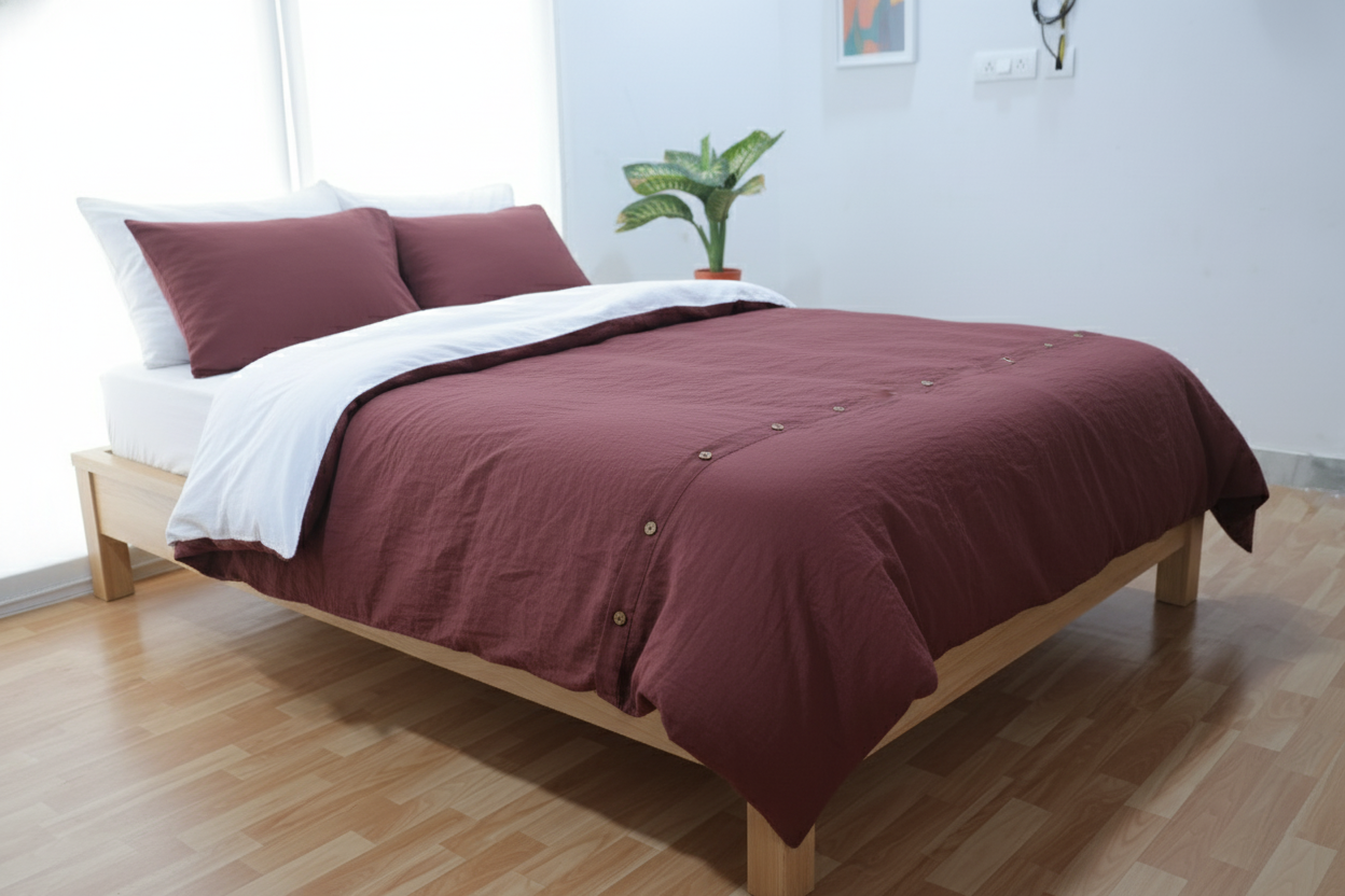 Solid Maroon Cotton Duvet Cover Set | Button Closure Bedding