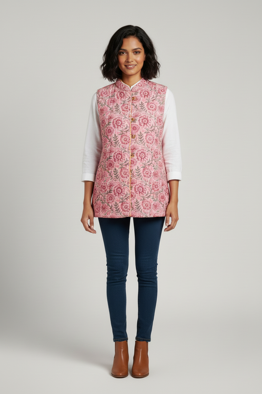 Hand Block Printed Floral Cotton Quilted Jacket - Pink - Bohoblockprinted