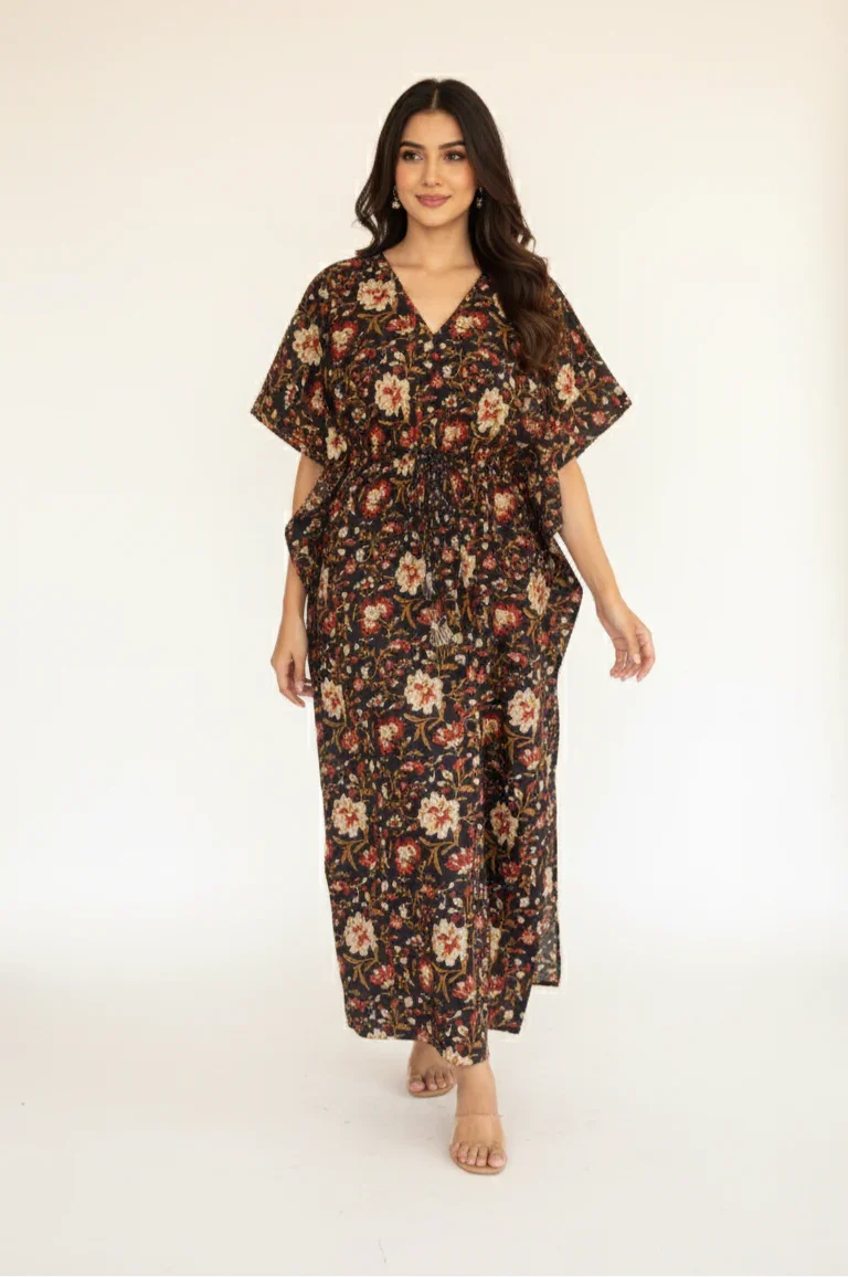 Hand Block Printed Floral Cotton Kaftan - Bohoblockprinted