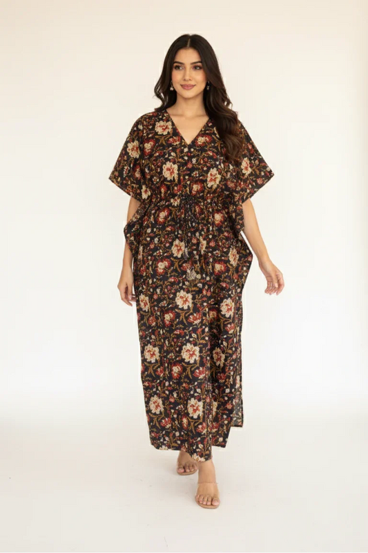 Hand Block Printed Floral Cotton Kaftan - Bohoblockprinted