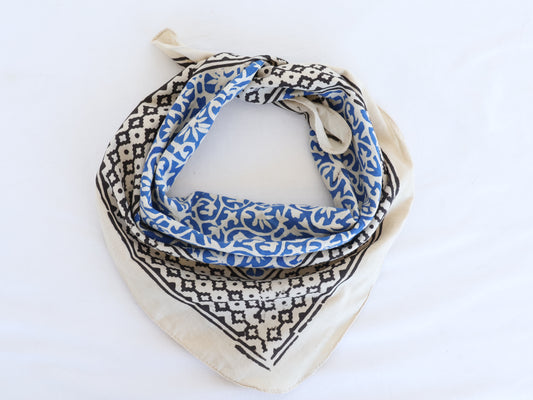 Blue Block Printed Cotton Bandana | Boho Floral & Geometric Scarf
