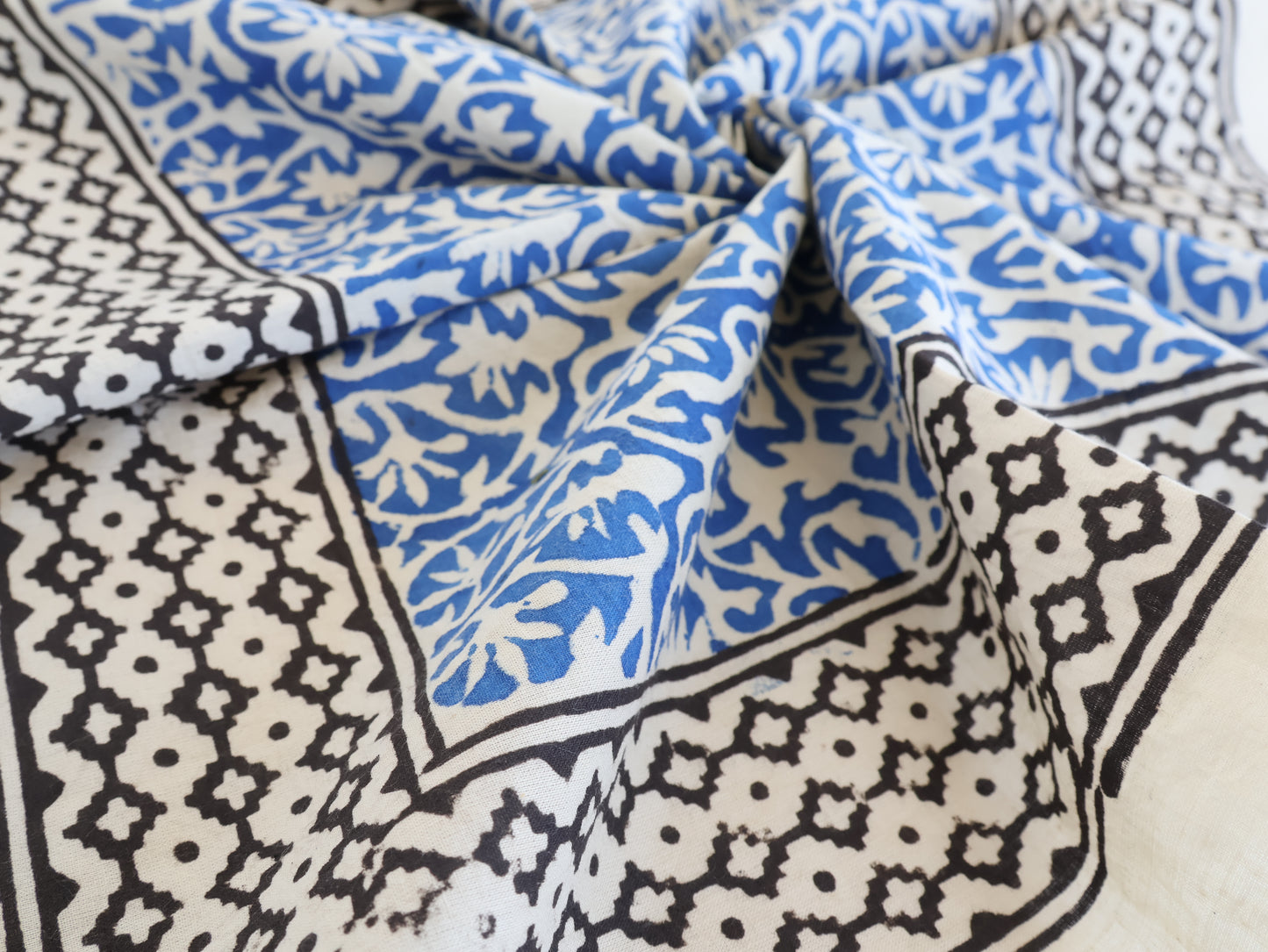 Blue Block Printed Cotton Bandana | Boho Floral & Geometric Scarf