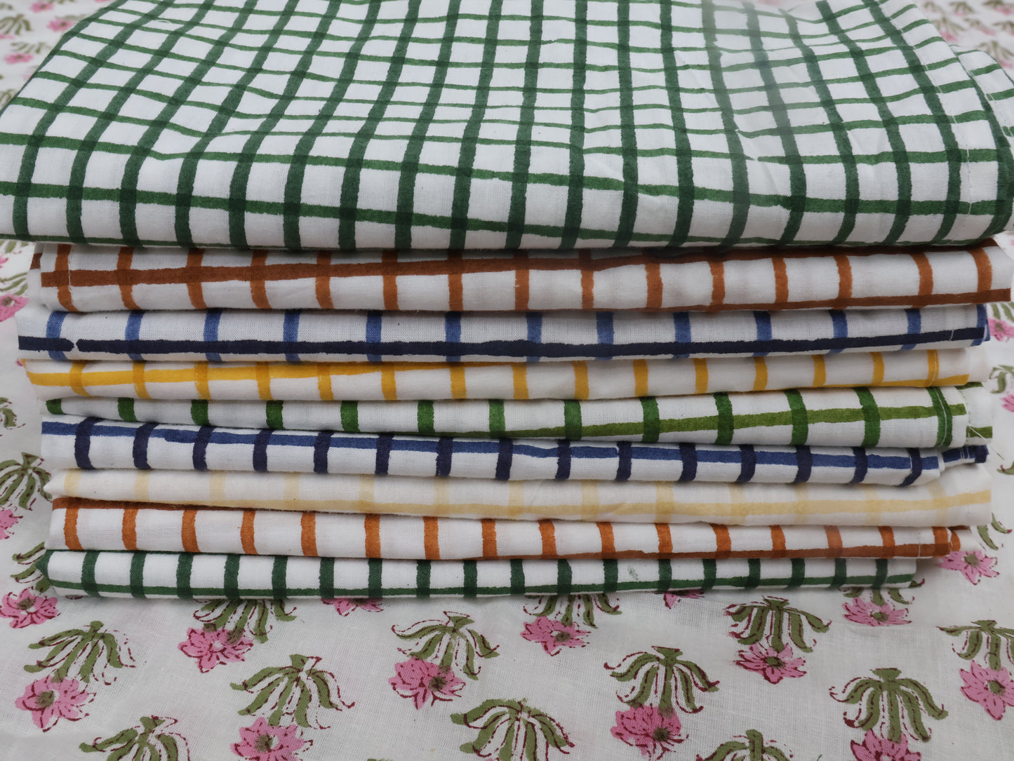 Assorted Hand Block Printed Cotton Napkin Set Reusable Dinner Napkins Check Pattern - Bohoblockprinted