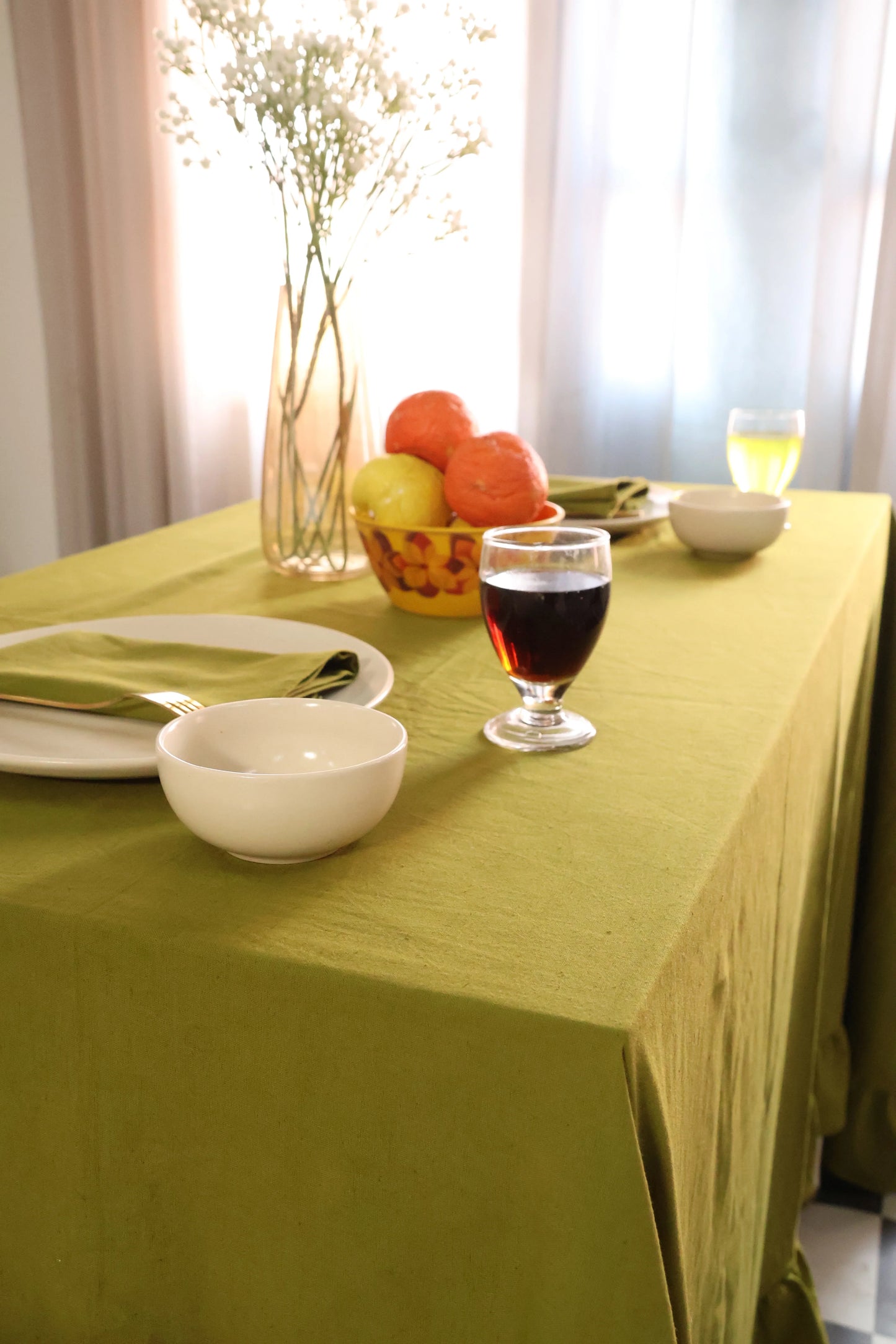 Olive Green Ruffled Cotton Tablecloth - Bohoblockprinted