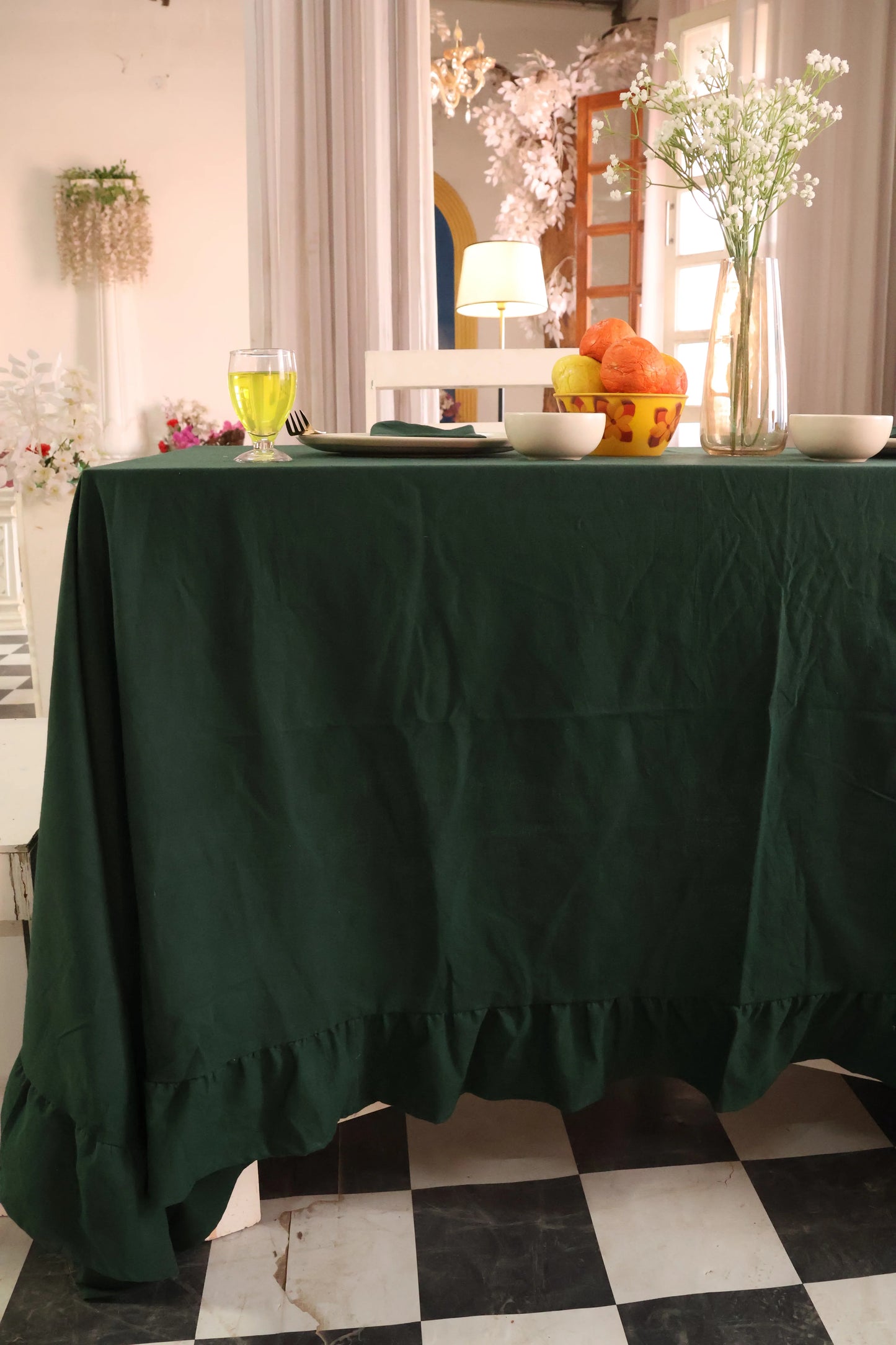 Forest Green Ruffled Cotton Tablecloth - Bohoblockprinted