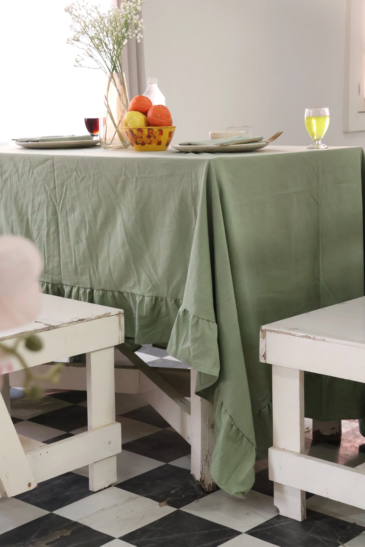Sage Green Ruffled Cotton Tablecloth - Bohoblockprinted