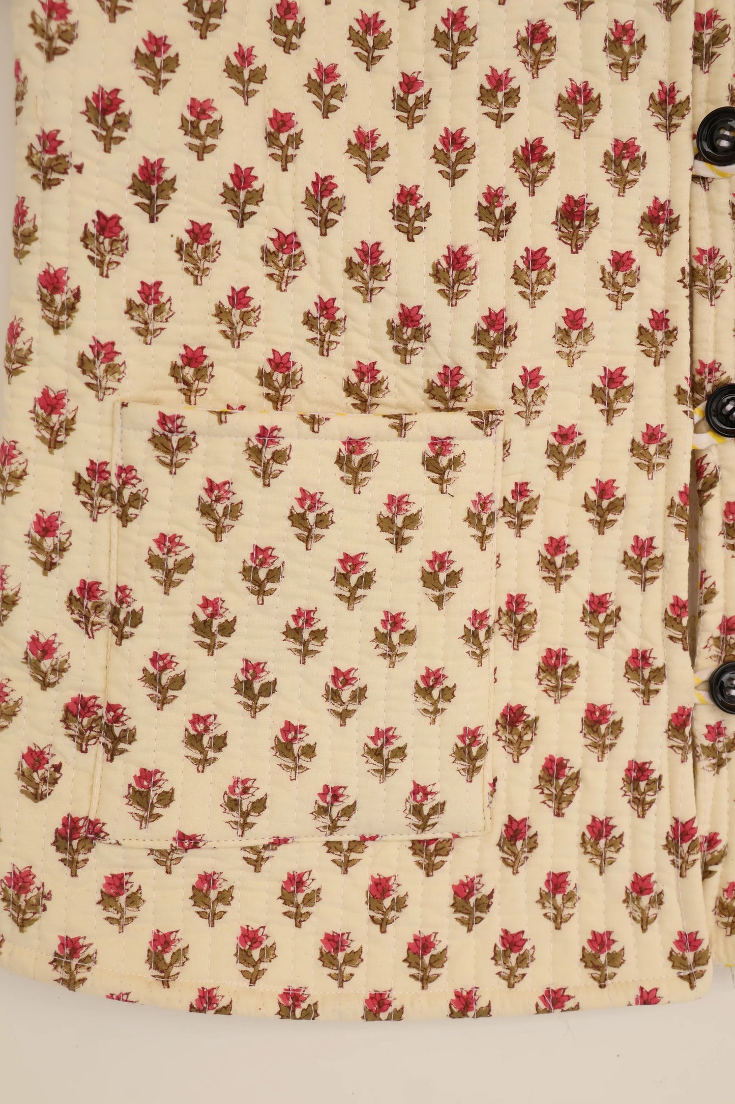 Handblock Printed Cotton Quilted Jacket – Cream with Floral Motif - Bohoblockprinted