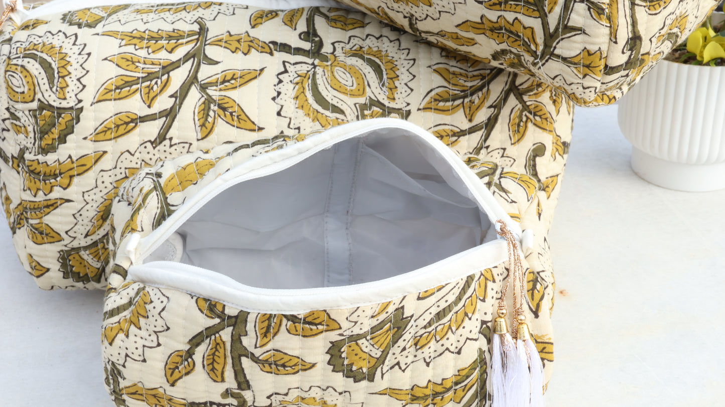 Floral-patterned bag with a white interior on a light background