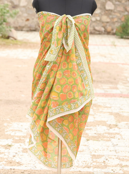 Green and white handblock printed cotton bandana