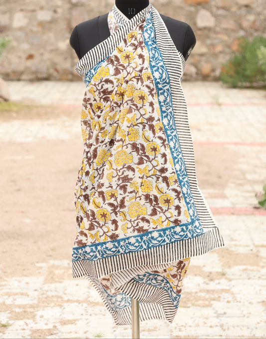 yellow floral motifs, a blue decorative border, and striped edges SARONG