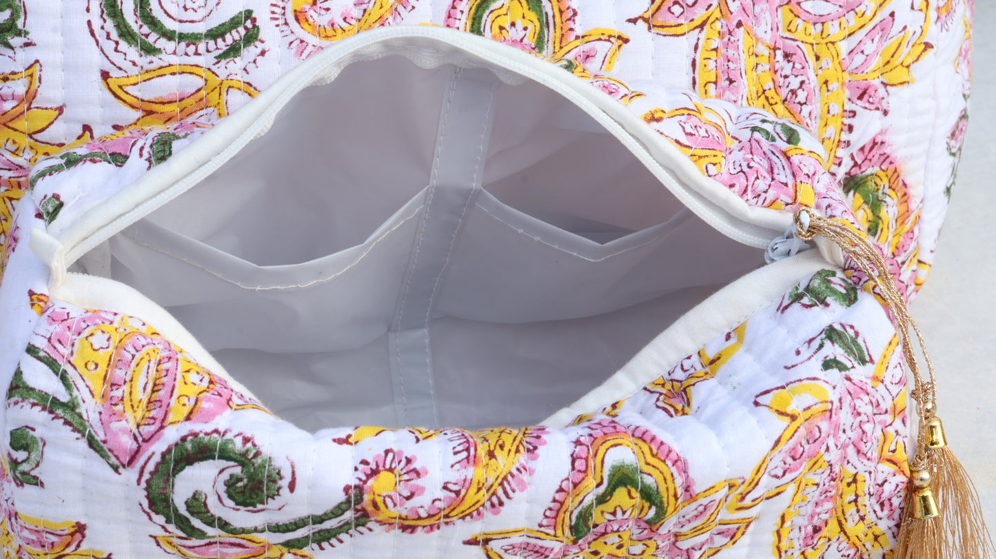 Handcrafted Yellow-Pink Floral Quilted Toiletry Bag – Jaipur Print