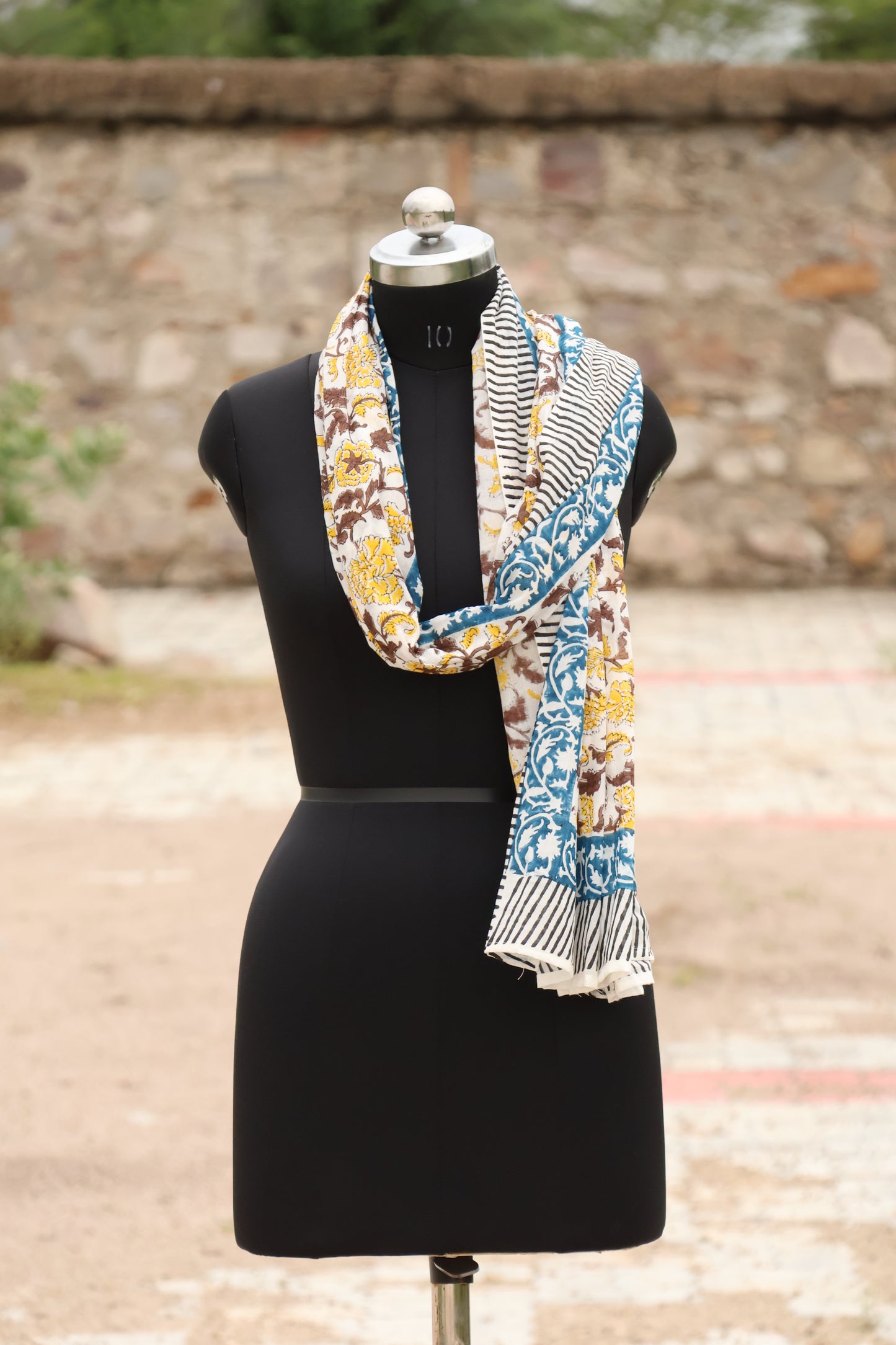 Handblock Printed Cotton Sarong – Yellow Floral & Blue Border | Soft Lightweight Beach Wrap from Jaipur