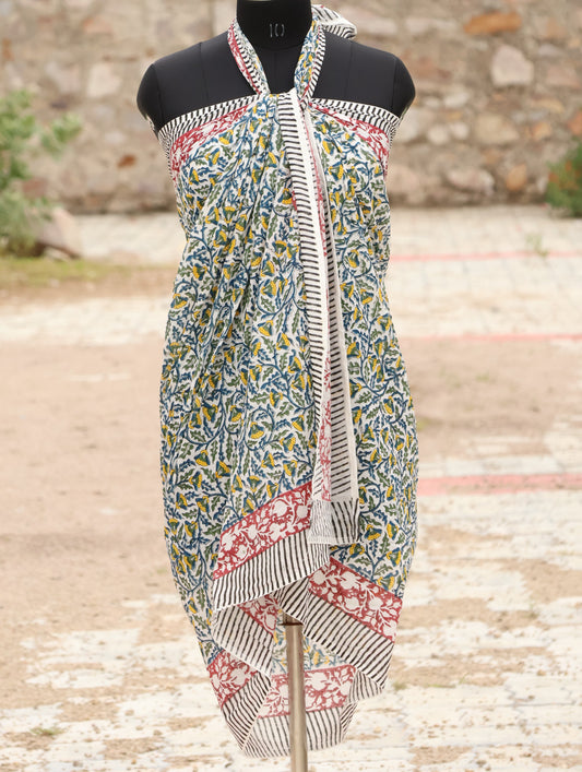 Handblock Printed Cotton Sarong – Blue & Yellow Floral Design with Red Border