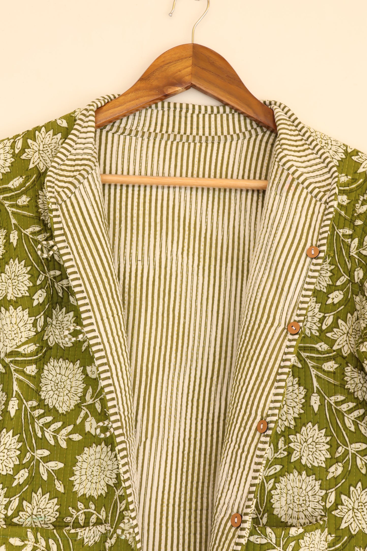 Olive Green Hand Block Printed Cotton Quilted Jacket - Bohoblockprinted