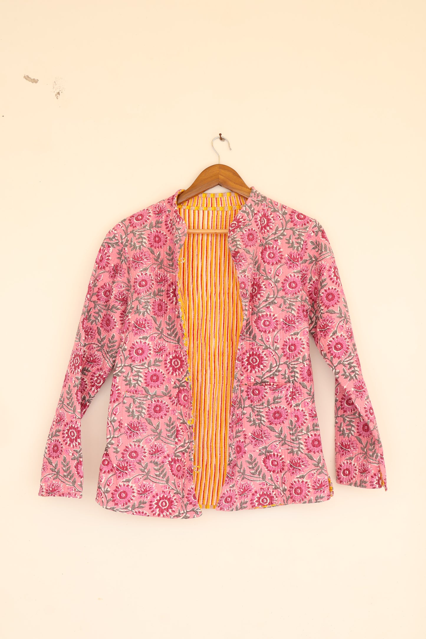 Pink Floral Hand Block Printed Cotton Quilted Jacket - Bohoblockprinted