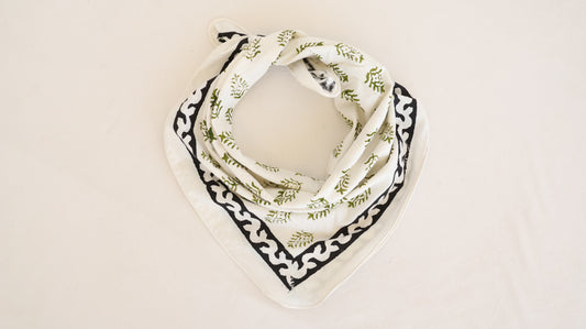 Cotton Bandana with Green Floral Print Border - Bohoblockprinted