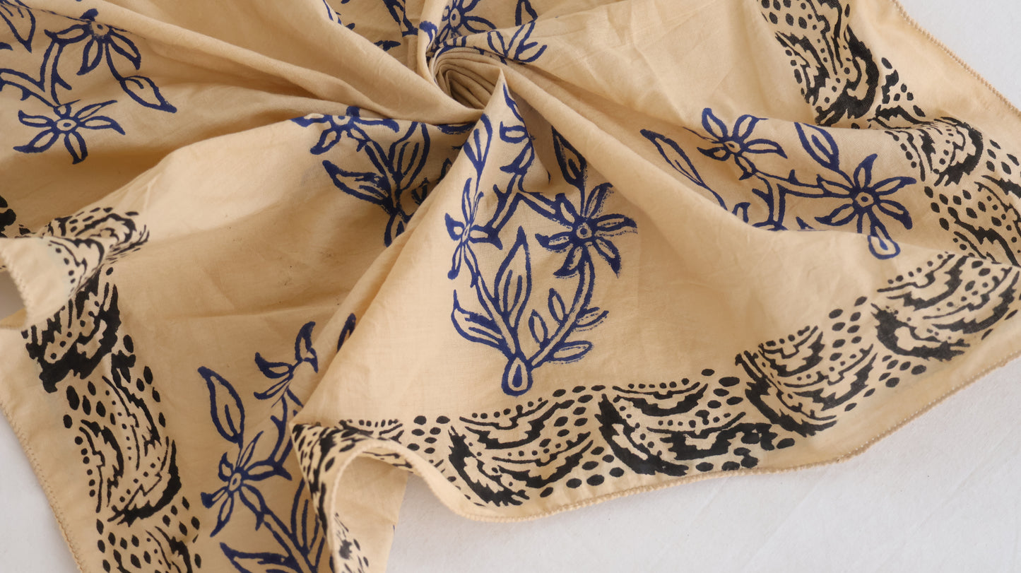 Eco-Friendly Beige Cotton Bandana with Blue and Black Design - Bohoblockprinted
