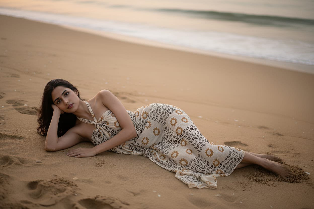 Woman in a patterned dress lying on a sandy beach with ocean waves in the background