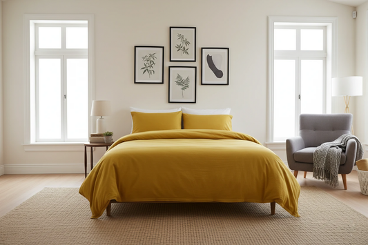 Bedroom with yellow bedding and framed artwork on the wall