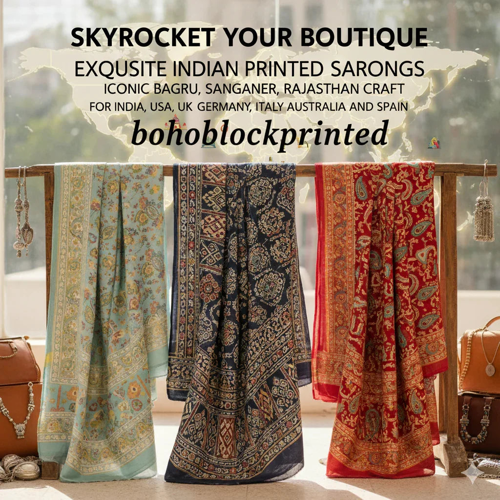 Boho Hand Block Printed indian-printed-sarongs-bagru-sanganer-jaipur-rajasthan-wholesale-boutique - Bohoblockprinted