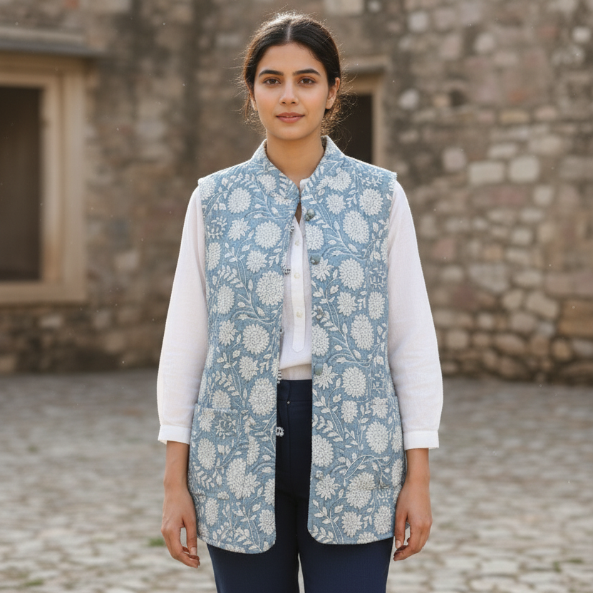 Woman wearing a light blue floral patterned vest over a white shirt and dark pants, standing in front of a stone building.