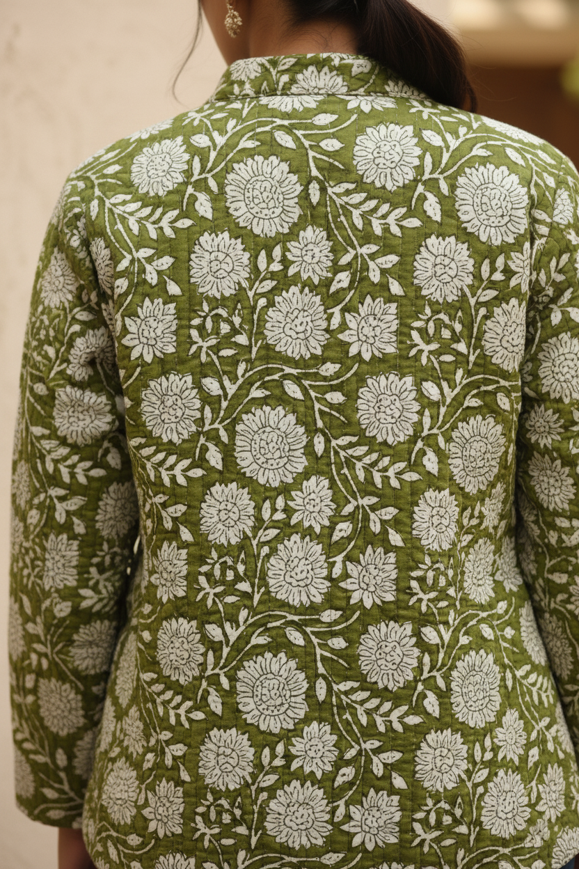 Olive Green Hand Block Printed Cotton Quilted Jacket - Bohoblockprinted