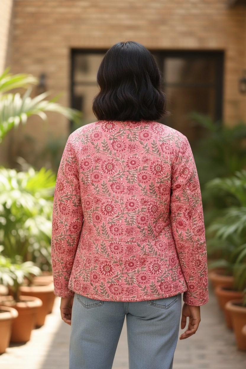 Pink Floral Hand Block Printed Cotton Quilted Jacket - Bohoblockprinted