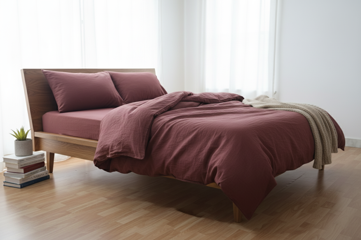 Solid Maroon Cotton Duvet Cover Set | Button Closure Bedding