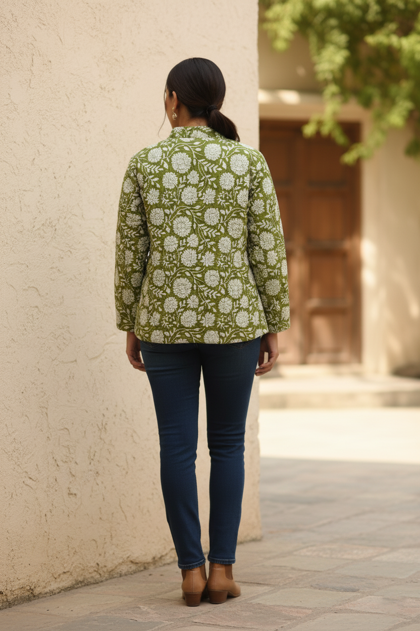 Olive Green Hand Block Printed Cotton Quilted Jacket - Bohoblockprinted