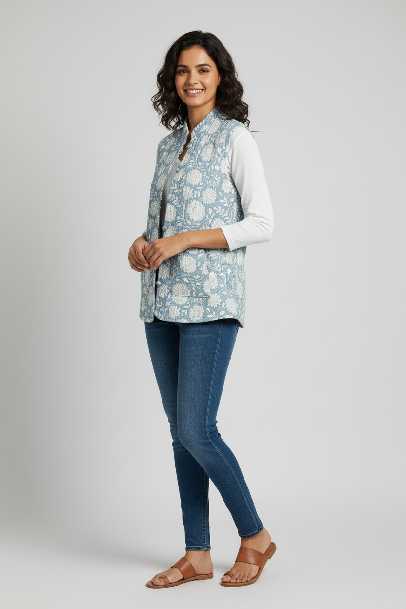 Hand Block Printed Floral Cotton Quilted Jacket – Sky Blue - Bohoblockprinted