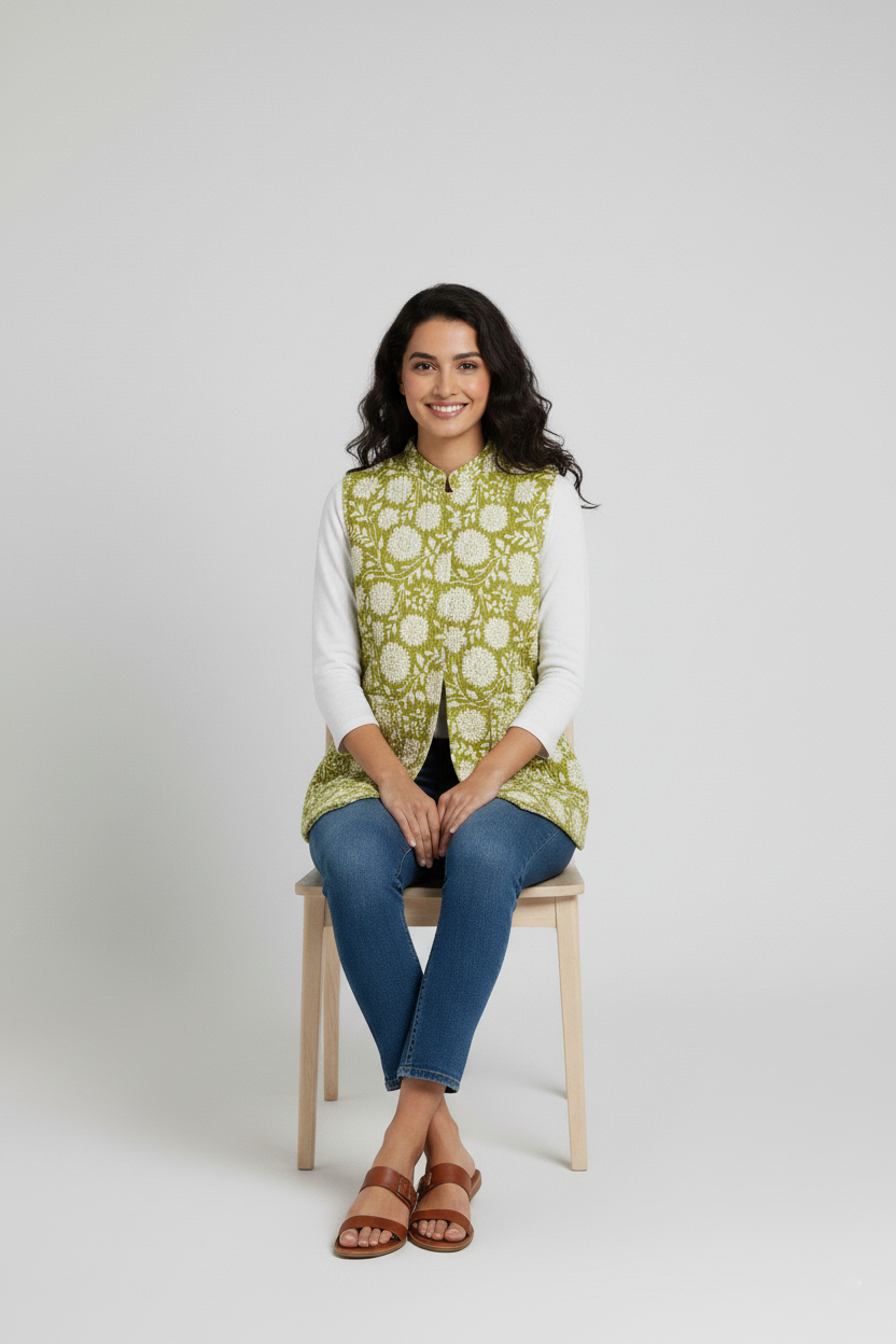 Hand Block Printed Floral Cotton Quilted Jacket- Green & White - Bohoblockprinted