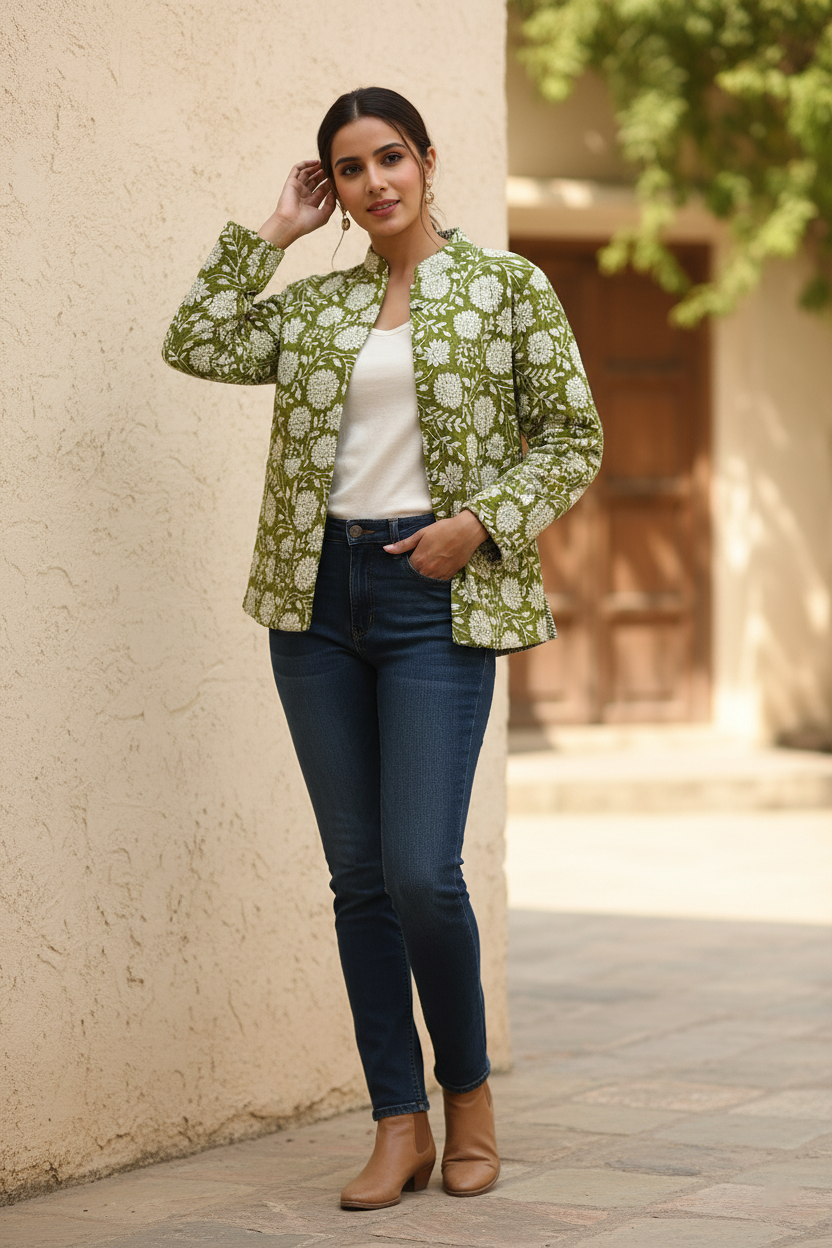 Olive Green Hand Block Printed Cotton Quilted Jacket - Bohoblockprinted