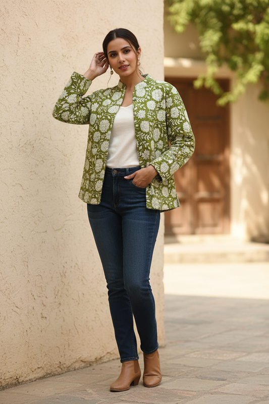 Olive Green Hand Block Printed Cotton Quilted Jacket - Bohoblockprinted