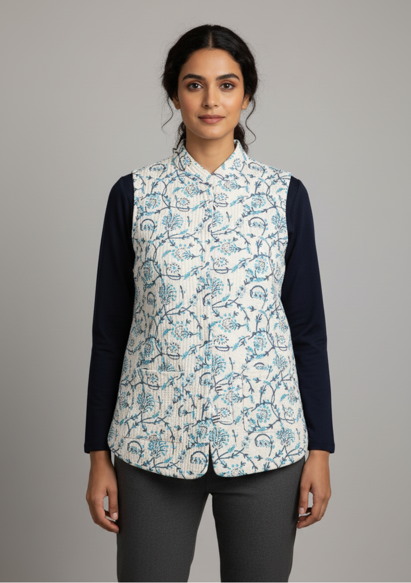 Printed Floral Cotton Quilted Jacket - White & blue - Bohoblockprinted