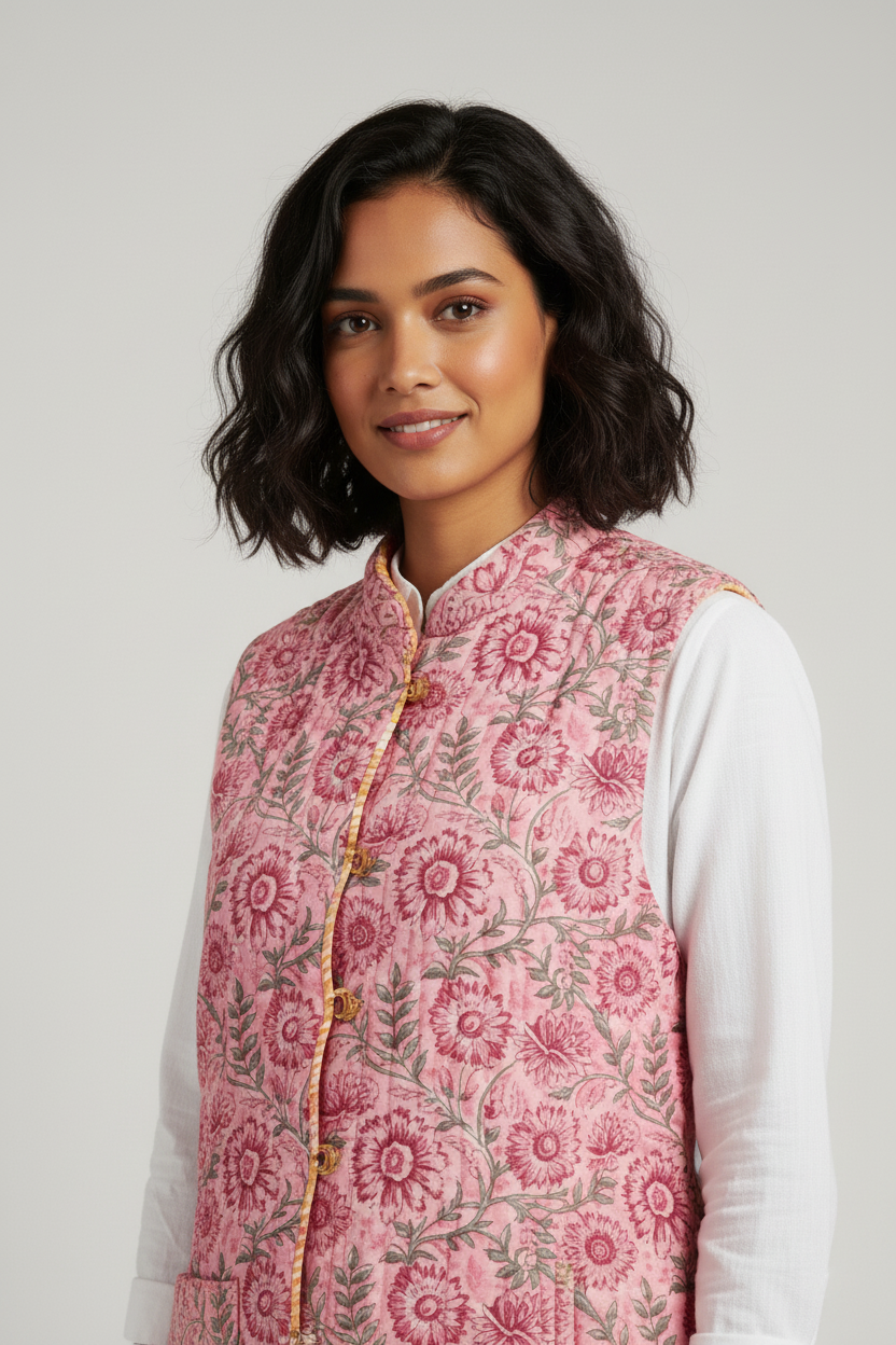 Hand Block Printed Floral Cotton Quilted Jacket - Pink - Bohoblockprinted