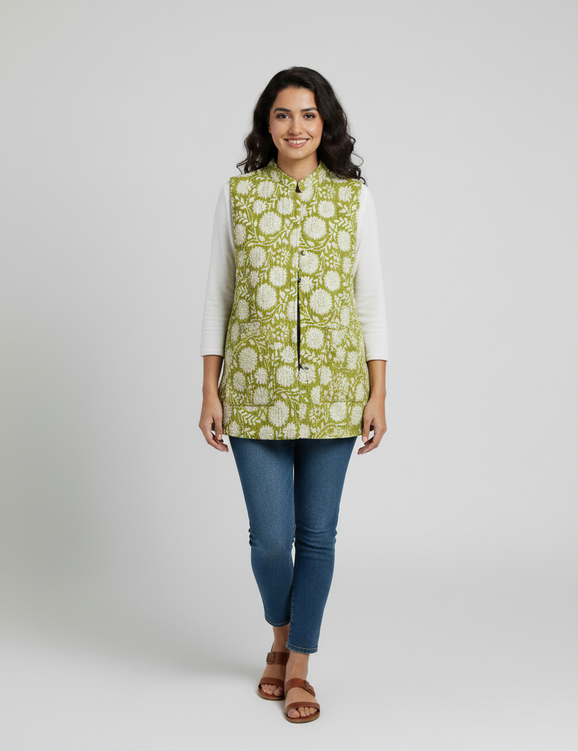 Hand Block Printed Floral Cotton Quilted Jacket- Green & White - Bohoblockprinted