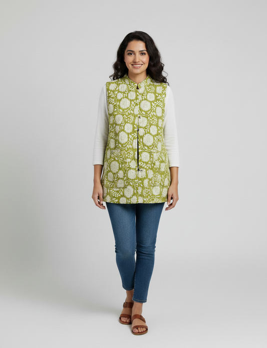 Hand Block Printed Floral Cotton Quilted Jacket- Green & White - Bohoblockprinted