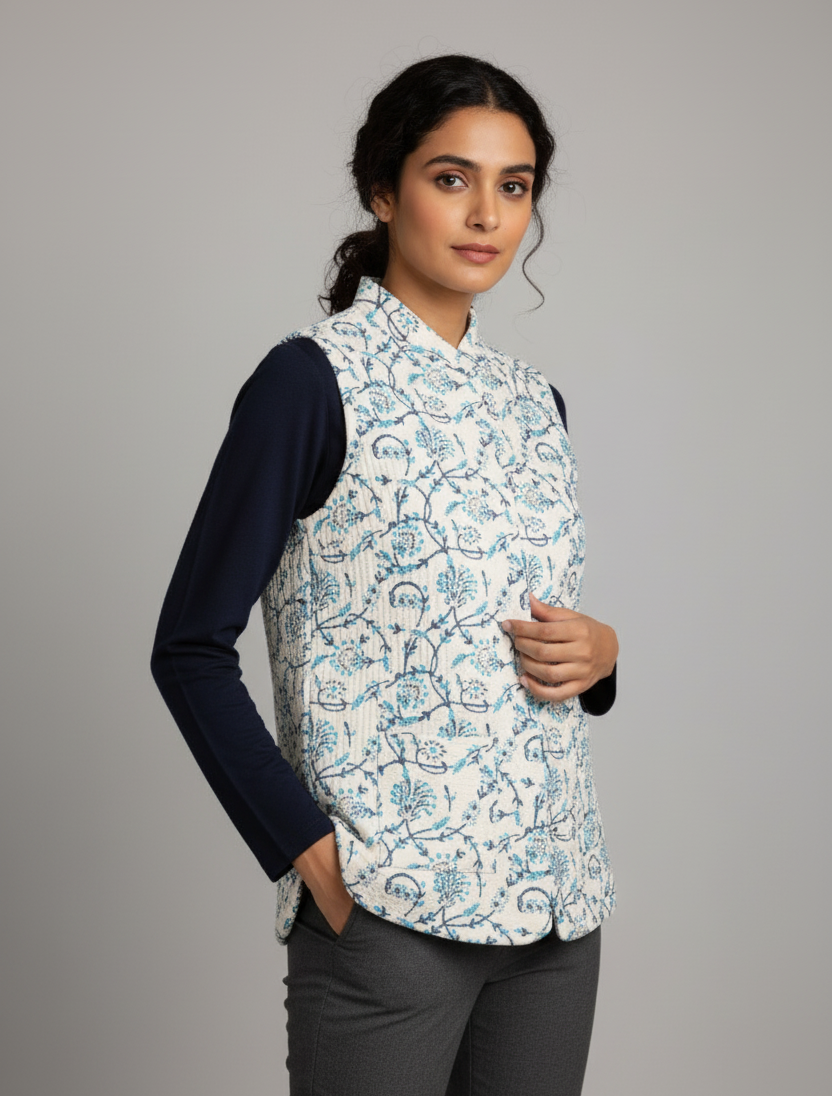 Printed Floral Cotton Quilted Jacket - White & blue - Bohoblockprinted