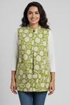 Hand Block Printed Floral Cotton Quilted Jacket- Green & White - Bohoblockprinted