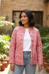 Pink Floral Hand Block Printed Cotton Quilted Jacket - Bohoblockprinted