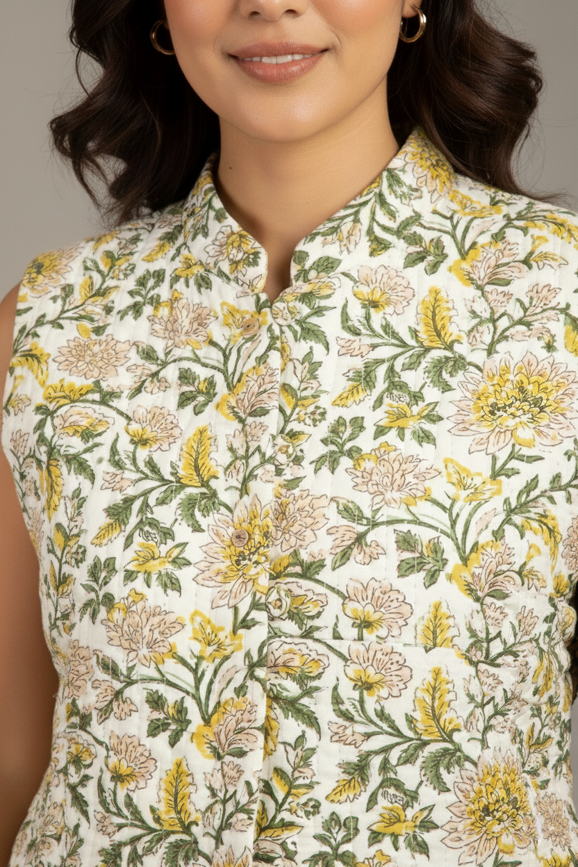 Hand Block Printed Cotton Quilted Jacket - White & Yellow - Bohoblockprinted