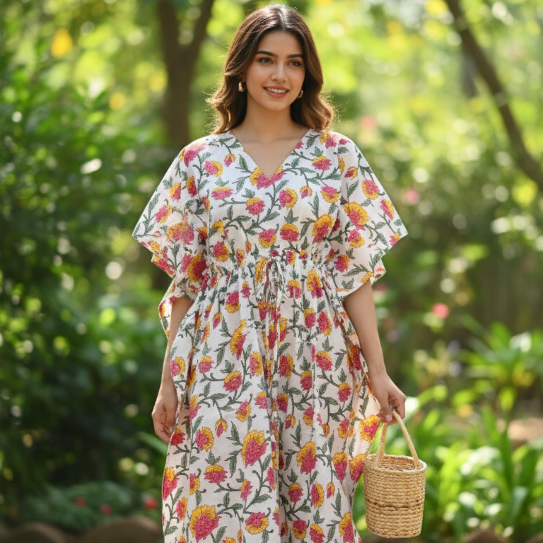 Woman in a floral dress standing in a garden
