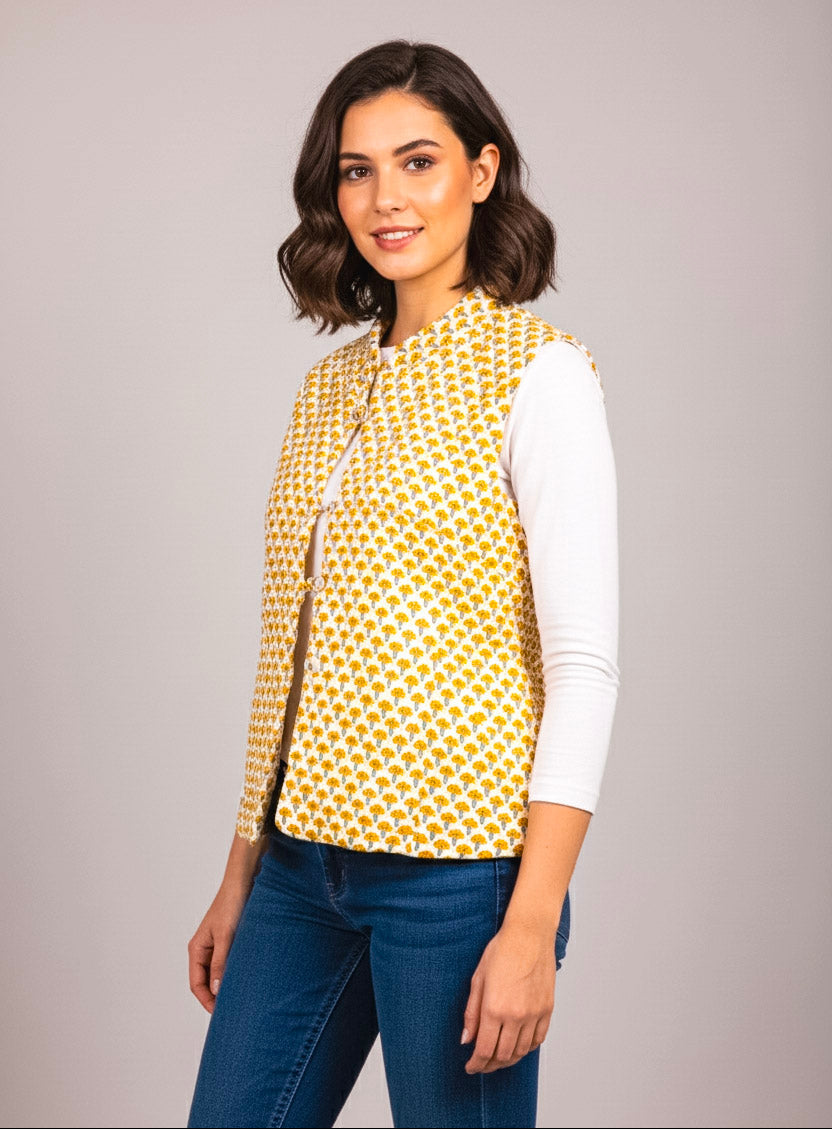Hand Block Printed Cotton Quilted Jacket – Mustard Floral Motif - Bohoblockprinted