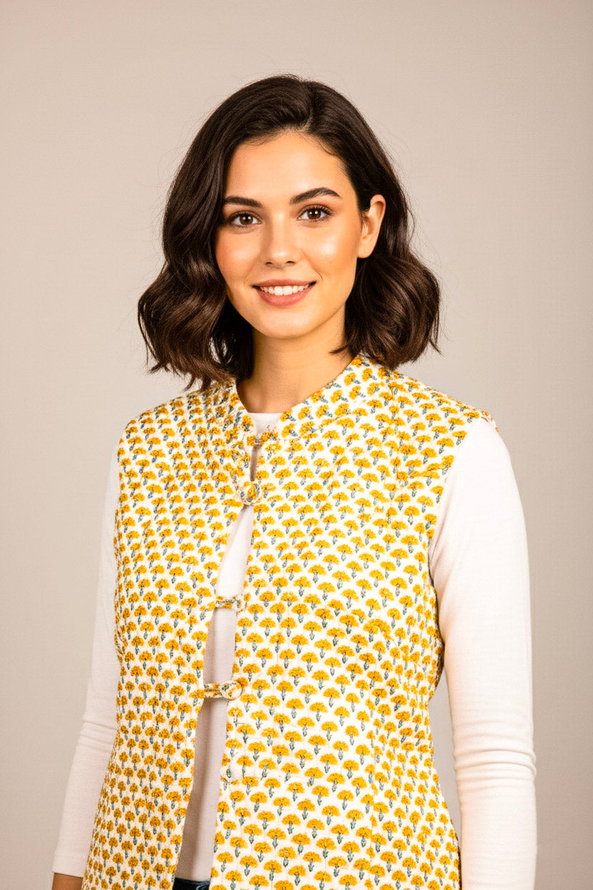 Hand Block Printed Cotton Quilted Jacket – Mustard Floral Motif - Bohoblockprinted
