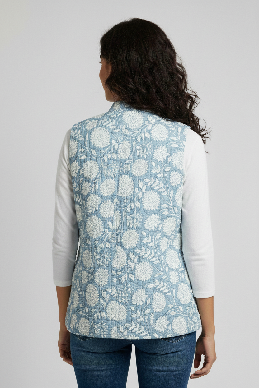 Hand Block Printed Floral Cotton Quilted Jacket – Sky Blue - Bohoblockprinted
