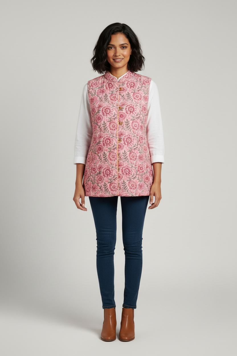 Hand Block Printed Floral Cotton Quilted Jacket - Pink - Bohoblockprinted